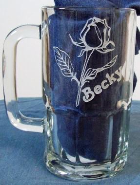 Etched glass beer mug of a flower and name personalized.