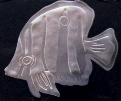 Sandcarved tropical fish etching on glass with two steps.