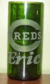 Cut bottle & etched with Cincinnati Reds logo and name.