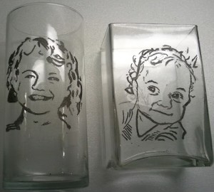 Rotary engraving people on glasses.