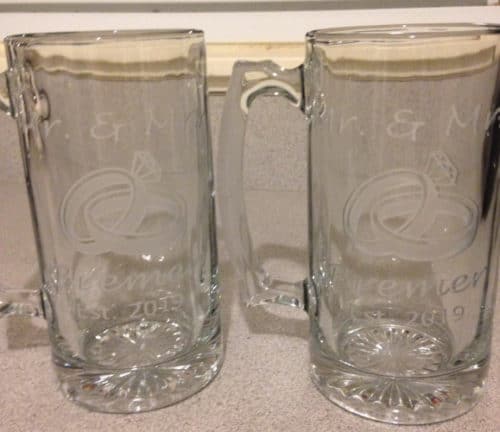 2 wedding etched mugs