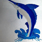 Finished glass painting that was etched of a marlin.