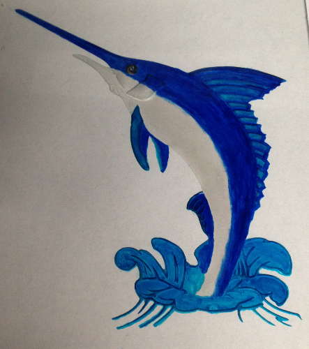 Finished glass painting that was etched of a marlin.