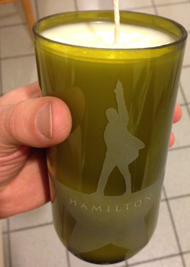 Homemade etched candle with Hamilton logo