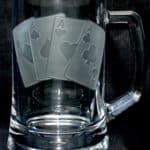 cards etched on beer mug