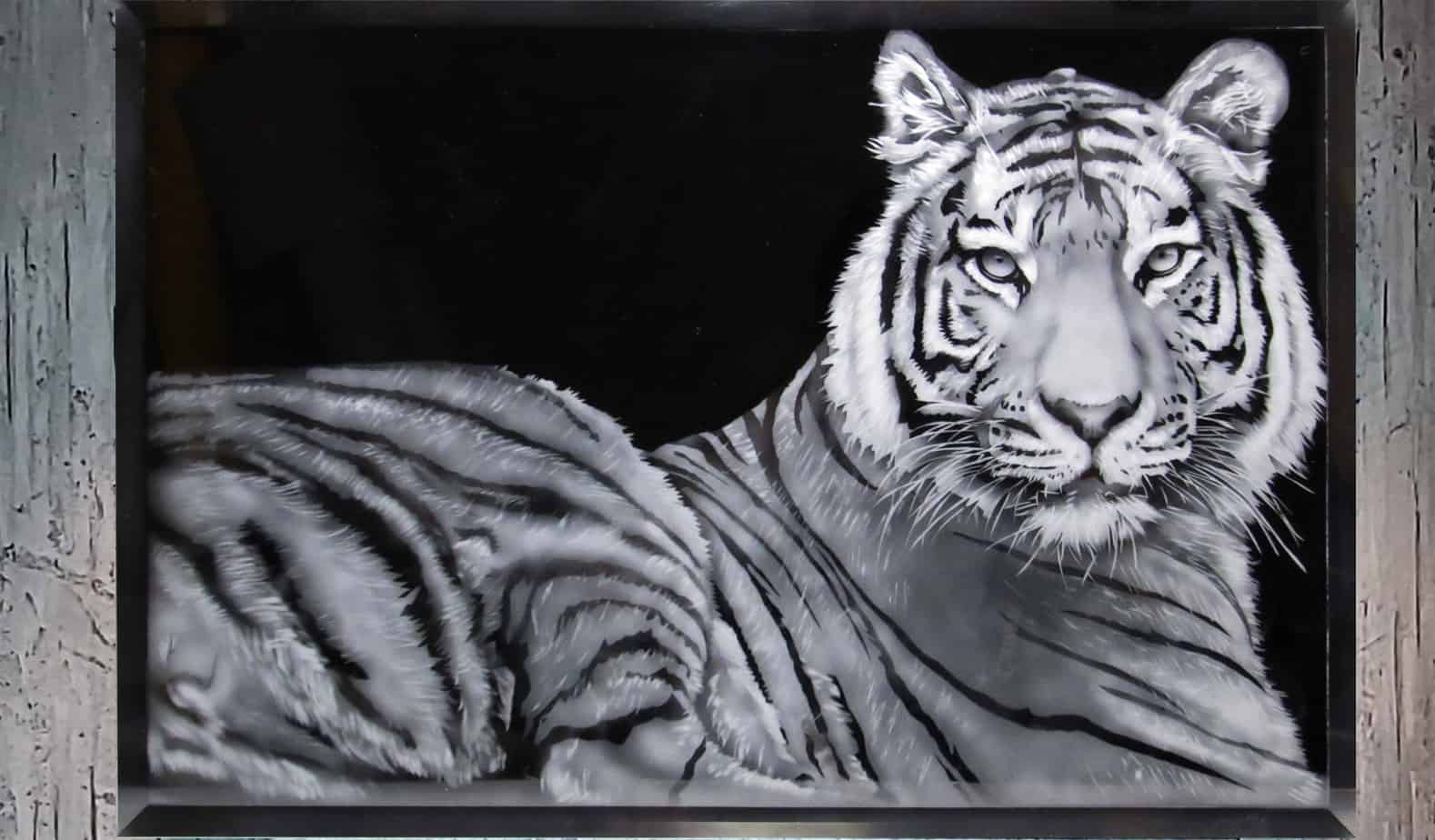 Bengal tiger etched on glass.