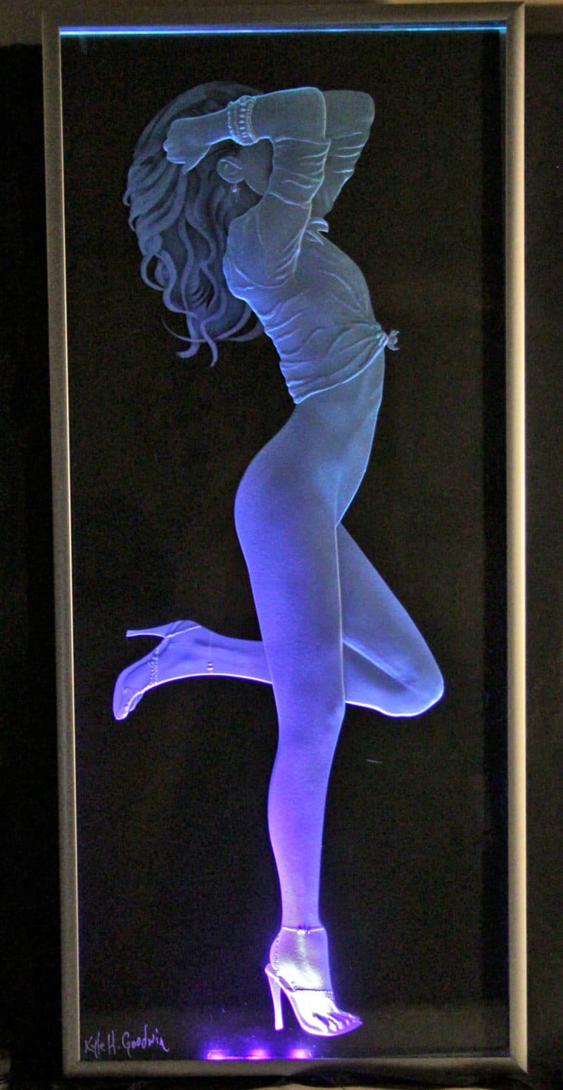 female glass art woman sandblasted carved etched glass sexy model pose