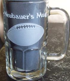 Beer mug etched and personalized with football.