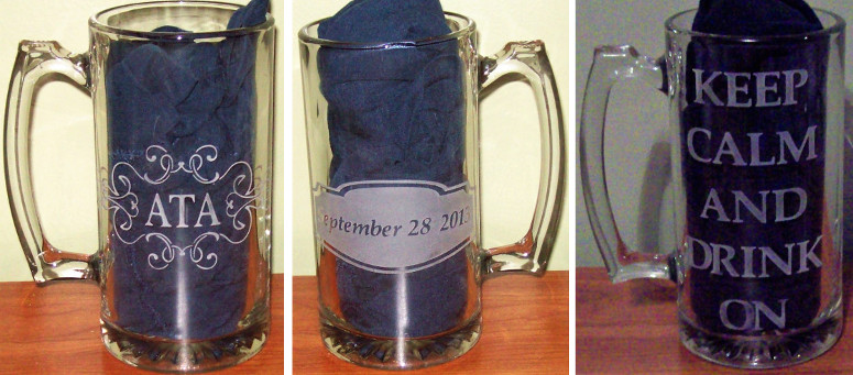 Initials and date etched on wedding party beer mugs