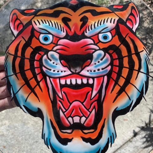 tiger face sandcarved and painted